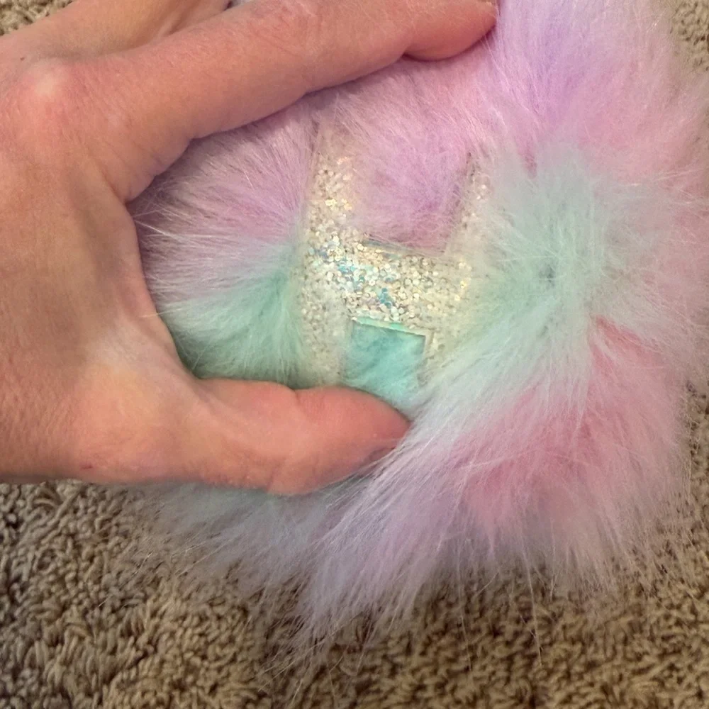 Justice Pastel Fluffy Earmuffs h initial sparkly band pink blue purple teal